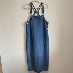 Coldwater Creek Denim Jumper Dress Maxi Cotton Cottagecore Embroidered Modest